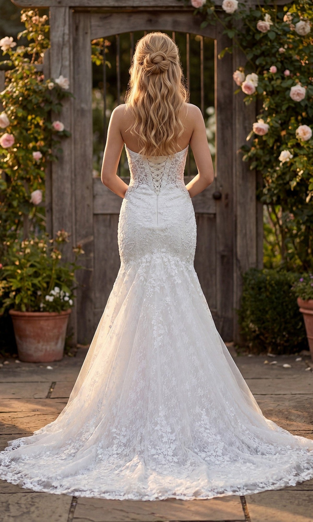 A woman wearing the Juliet JT2666SW long formal dress stands outdoors on stone pavement, facing a wooden gate surrounded by rose bushes. The strapless gown features delicate lace detailing.
